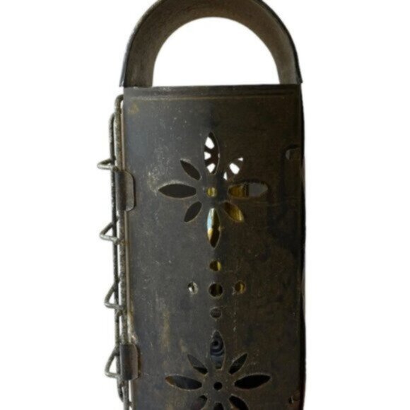 Punched Tin Metal Rustic Lantern with Mini Oil Lamp & Hanger Hinged Door - Picture 11 of 12